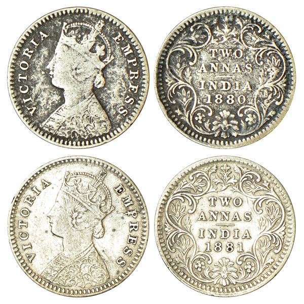 British India: Victoria Empress, silver 2 annas (2), 1880 and 1881, Calcutta mint, B/II/C incused, P