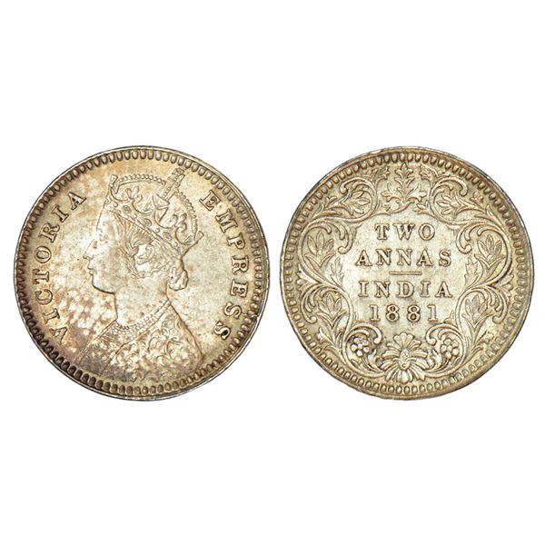 British India: Victoria Empress, silver 2 annas, 1881, Calcutta mint, B/II/C incused, PR 496.