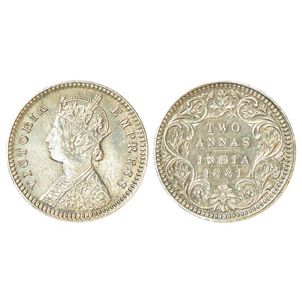 British India: Victoria Empress, silver 2 annas, 1881, Calcutta mint, B/II/C incused, PR 496.