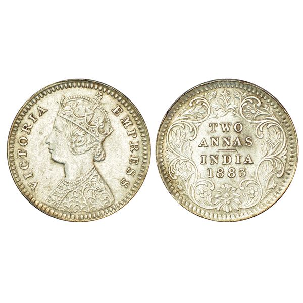 British India: Victoria Empress, silver 2 annas, 1883, Calcutta mint, B/II/C incused, PR 498.