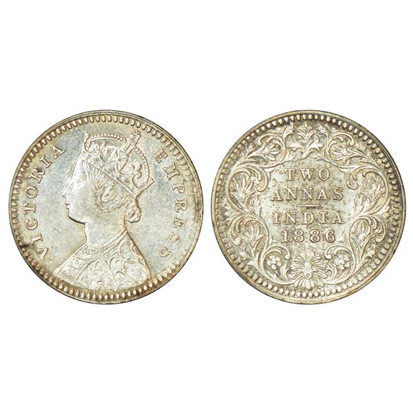 British India: Victoria Empress, silver 2 annas, 1886, Calcutta mint, B/II/C incused, PR 501.