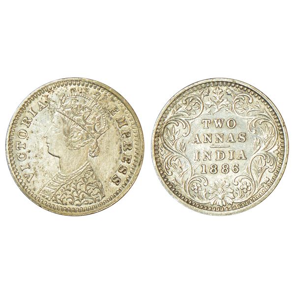 British India: Victoria Empress, silver 2 annas, 1886, Bombay mint, B/II/B incused, PR 539.