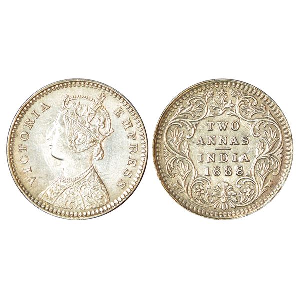 British India: Victoria Empress, silver 2 annas, 1888, Calcutta mint, B/II/no mm, PR 503.