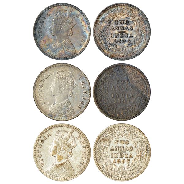 British India: Victoria Empress, silver 2 annas (3), 2x 1896, Calcutta mint, B/II/C incused, PR 511 