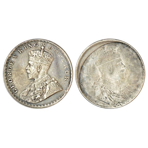British India: George V, silver rupee, ND (1911-1922 AD), obverse part brockage (Lakhi) on reverse a