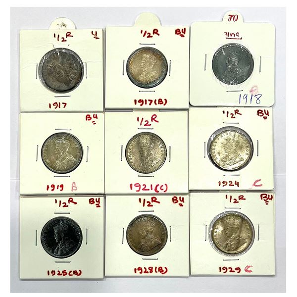 British India: George V, silver ½ rupee (9), 6x Bombay mint, 1917 (2), 1918, 1919, 1925 and 1928 and
