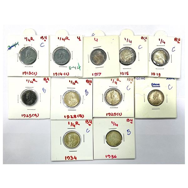British India: George V, silver ¼ rupee (11), 8x Calcutta mint, 1913, 1914, 1917, 1918, 1919, 1929, 