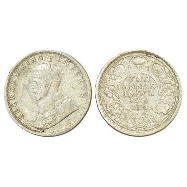 British India: George V, silver 2 annas, 1911, Calcutta mint, no dot, pig type, PR 564; GK 1107, 1.4