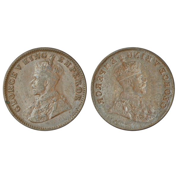 British India: George V, copper ¼ anna, ND (1911-1936 AD), obverse part brockage (Lakhi) on reverse,
