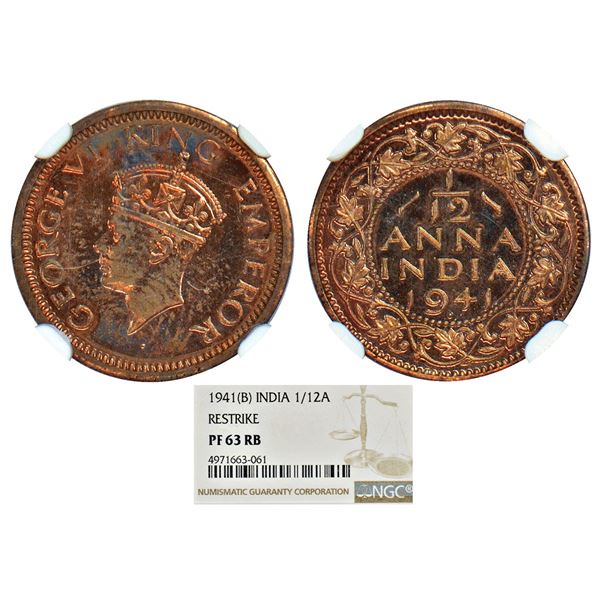 British India: George VI, proof re-strike, copper 1/12 anna, 1941, Bombay mint, head type II, unlist