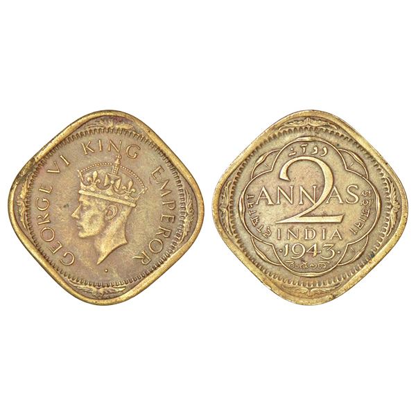 British India: George VI, nickel-brass 2 annas, 1943, Bombay mint, head type II, extended curve of 3