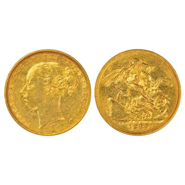 Foreign: Australia, Victoria, gold sovereign, Melbourne mint, 1880. Obv: Young head. Rev: St. George