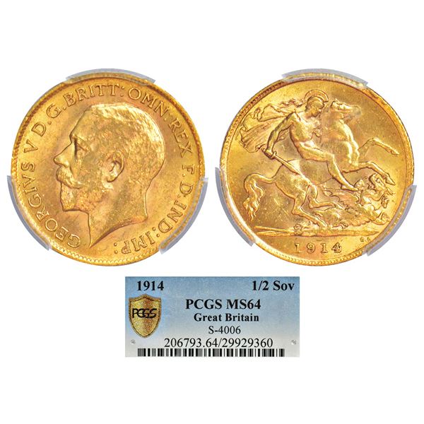 Foreign: Great Britain, George V, gold ½ sovereign, 1914. Obv: Portrait bust of George V. Rev: St. G
