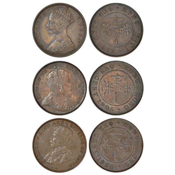 Foreign: Hong Kong, bronze 1 cent (3), 1x Victoria, 1863, KM 4.1, 7.35g, 1x Edward VII, 1905, KM 11,