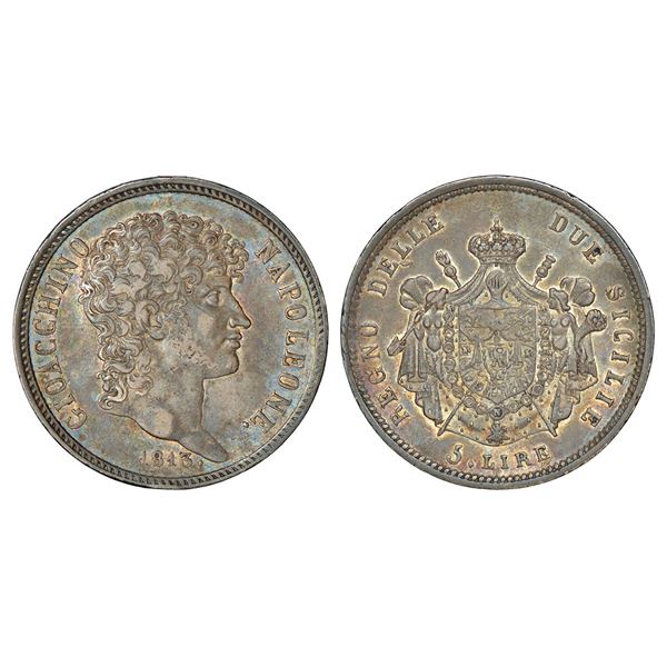 Foreign: Italian State-Naples, French Occupation, Joachim Murat, silver 5 lire, 1813. Obv: Bust to r