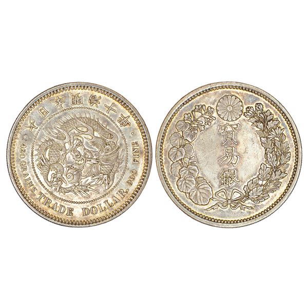 Foreign: Japan, Mutsuhito, silver trade dollar, ND (1877)/Year 10. Obv: Dragon within beaded circle,