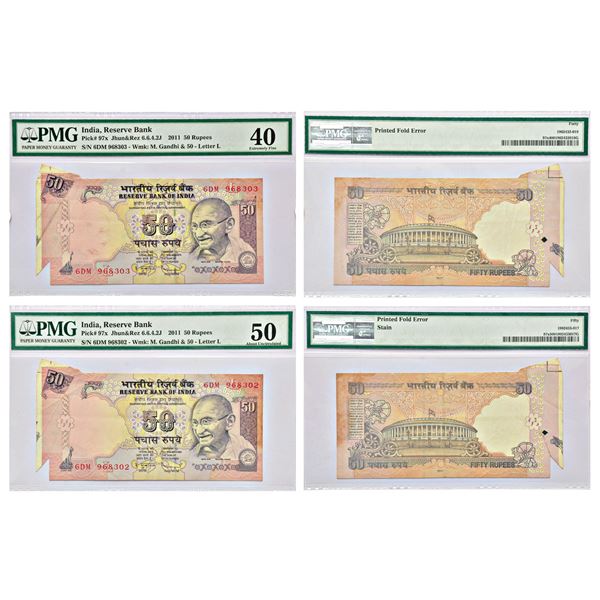 Paper Money: 50 rupees (2), misprint, Parliament series, 2012, signed by D. Subbarao, inset 'L', two