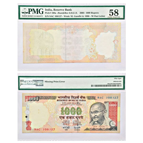Paper Money: 1000 rupees, misprint, Gandhi series, signed by Y.V. Reddy, without inset, serial no.: 