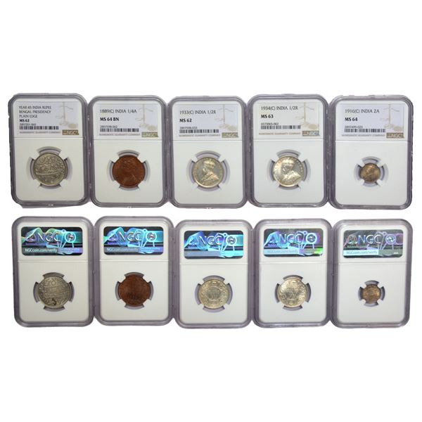 Large Lot: A group of 5 NGC graded coins, includes 4x silver coins of Bengal Presidency and George V