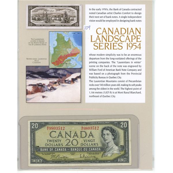 1954 Canadian landscape series, w/ 1954 Canadian 20 dollar bill - W/E 9803512 - Beattie/Rasminsky