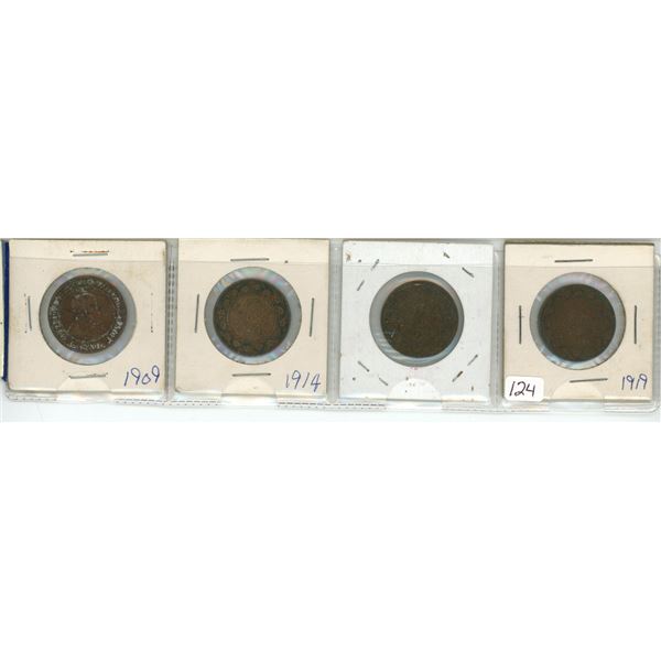 4 Canadian large cent pennies - 1909, 1914, 1916, 1919