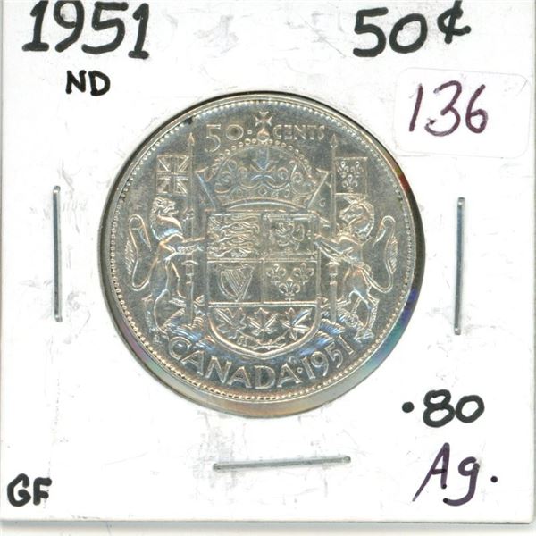 1951 Canadian silver 50 cent coin