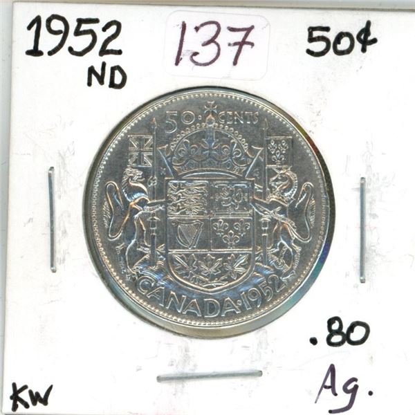 1952 Canadian silver 50 cent coin