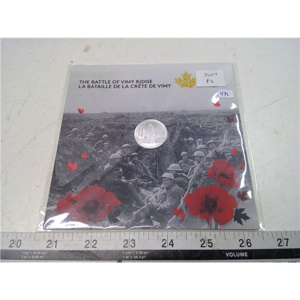 2017 The Battle of Vimy Ridge $3. 99.99% pure Silver. Specimen. Housed in its original unopened RCM 
