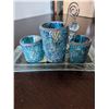 Image 1 : Three Blue Crackle Glass Candle holders with 11" glass tray