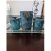 Image 3 : Three Blue Crackle Glass Candle holders with 11" glass tray