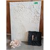 Image 1 : Textured White Painting approx. 17" x 24", 7" Peach Flower Candle Holder, 8" x 8" Square Black Frame