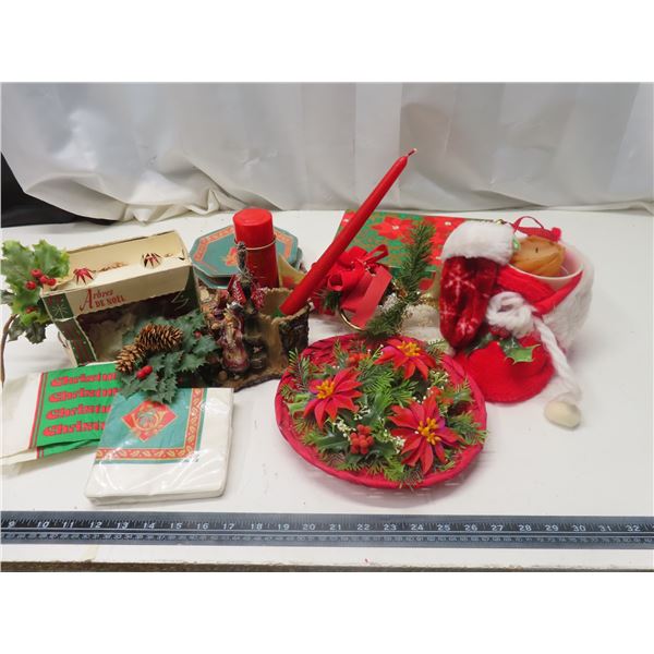 Box of Christmas décor, etc.