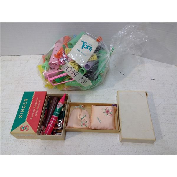 Vintage hair Curler, pincushion in a box and Sewing Machine Attachment