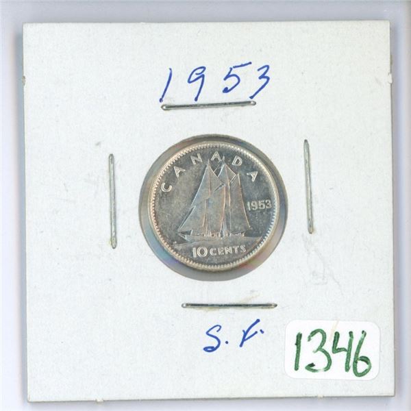 1953 Canadian silver 10 cent coin