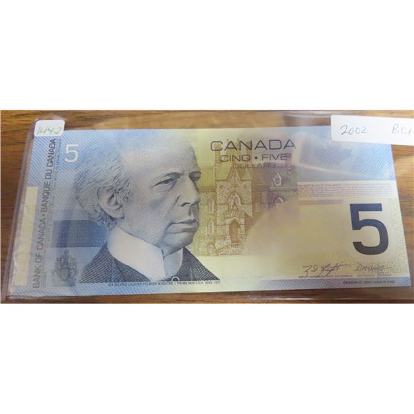 2002 Canadian Five Dollar Bill, Knight/Woods, HNE4760733