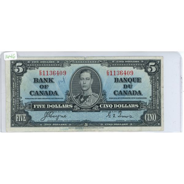 1937 Canadian Five Dollar Bill, Coyne/Towers, E/S 1136409