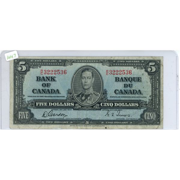 1937 Canadian Five Dollar, Gordon/Towers, R/C 3222536
