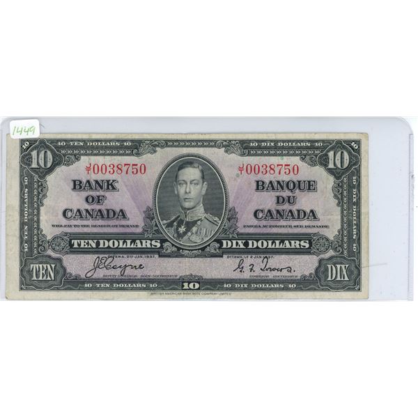 1937 Canadian Ten Dollar Bill, Coyne/Towers, J/T 0038750