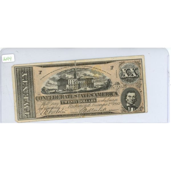 1862 Confederate Twenty Dollars