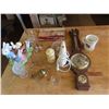Image 1 : lot of glassware , morris clock , thermometer , brass