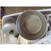 Image 2 : large tote of aluminum cookware , assorted china , plates cups large lot