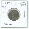 Image 1 : 1934 Near Rim George V Nickel 5 Cents. S Near Rim. VF-20.