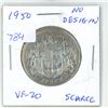 Image 1 : 1950 No Design Canadian Silver 50 Cents. VF-20. Scarce.
