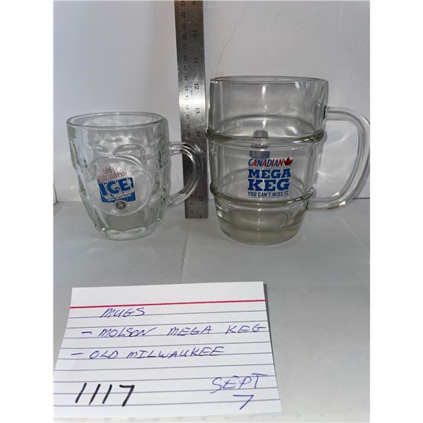 two beer mugs "Molson mega keg, Old Milwaukee"