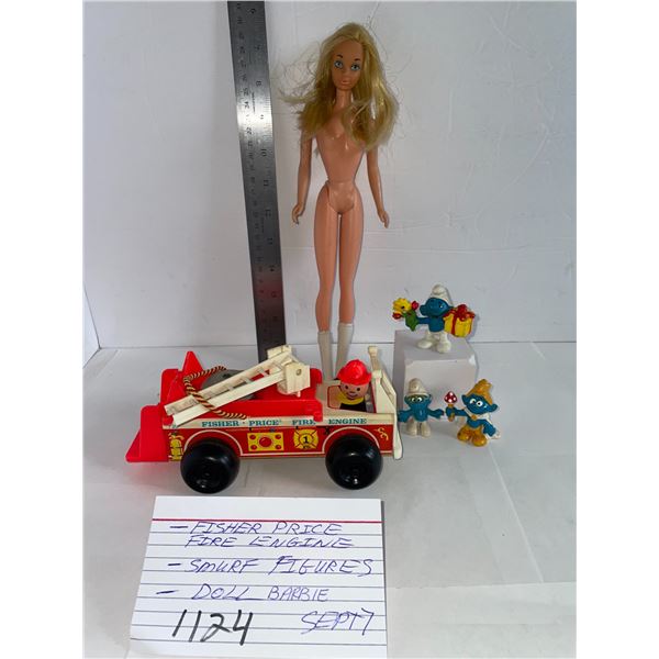 Fisher Price fire engine, Smurf figures, Barbie doll