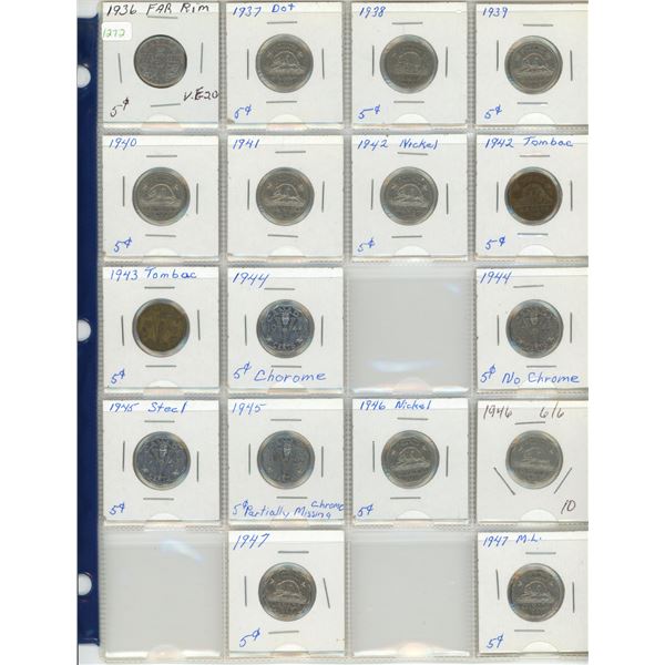 Canadian Coin Collection Sheets Sheet of Canadian 5 Cent Coins; 1936-47 - Schmalz Auctions