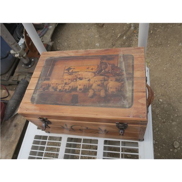 wooden box with assorted items
