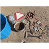 Image 1 : assorted tools , slow moving vehicle sign , owl decoy , blue tote