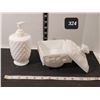 Image 1 : Milk glass lidded grape design dish (chipped corner) & lotion pump.