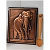 Image 5 : Elephant lot. Glass, copper plaque, metal head & wood spoon.